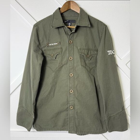 Howe Army Green Embroidered Bikercore Shirt Jacket Size Medium Bakersfield Cali - Picture 2 of 12